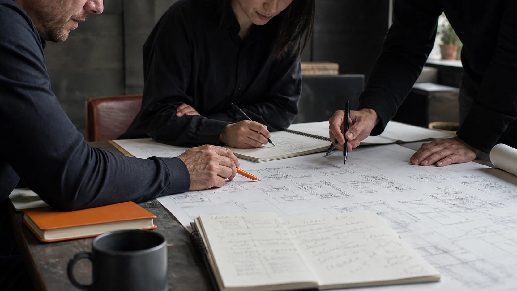 A team working together over a shared operating blueprint
